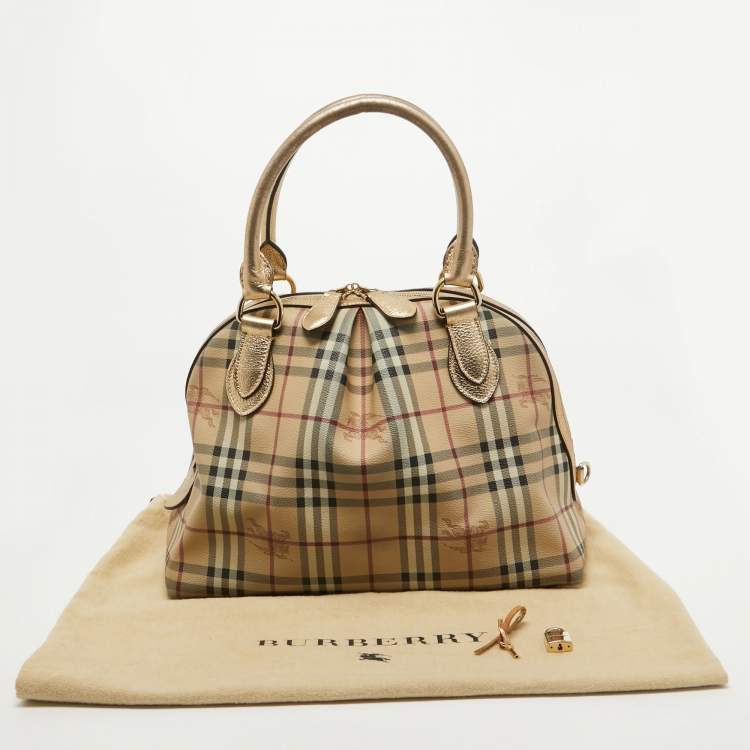 Pre Owned Burberry Gold/Beige Haymarket Check Coated Canvas and Leather Thornley Satchel