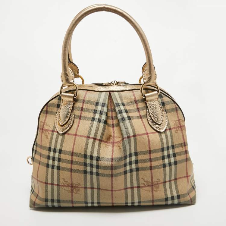 Pre Owned Burberry Gold/Beige Haymarket Check Coated Canvas and Leather Thornley Satchel