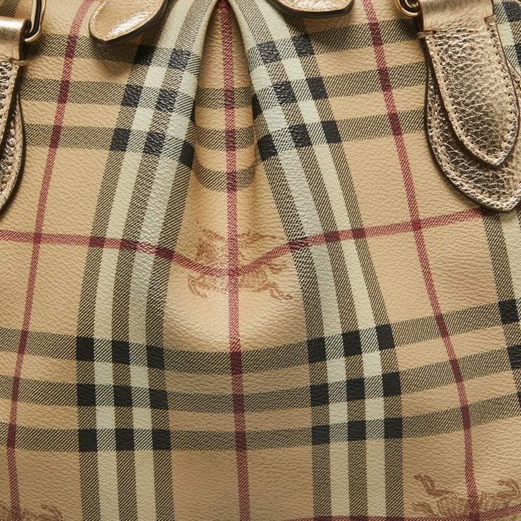 Pre Owned Burberry Gold/Beige Haymarket Check Coated Canvas and Leather Thornley Satchel