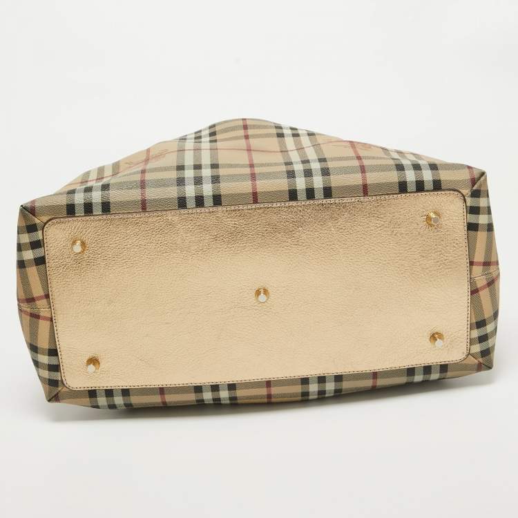Pre Owned Burberry Gold/Beige Haymarket Check Coated Canvas and Leather Thornley Satchel