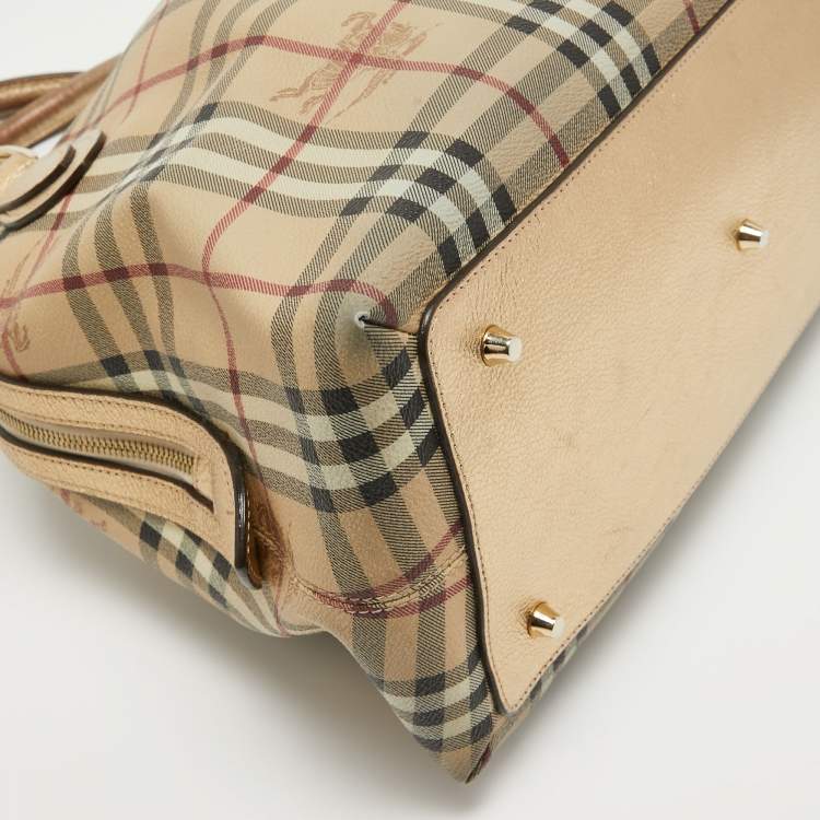Pre Owned Burberry Gold/Beige Haymarket Check Coated Canvas and Leather Thornley Satchel
