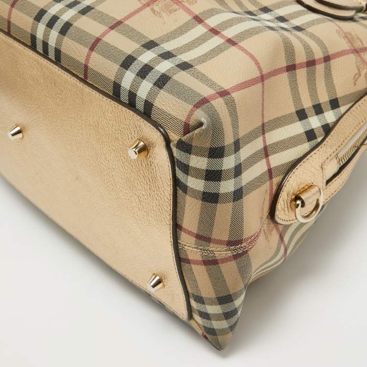 Pre Owned Burberry Gold/Beige Haymarket Check Coated Canvas and Leather Thornley Satchel