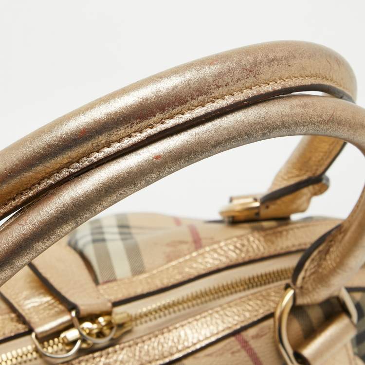Pre Owned Burberry Gold/Beige Haymarket Check Coated Canvas and Leather Thornley Satchel
