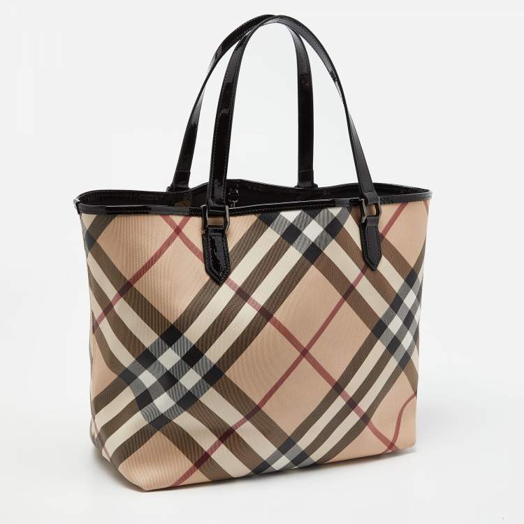 Pre Owned Burberry Black/Beige Super Nova Check PVC and Patent Leather Large Nickie Tote