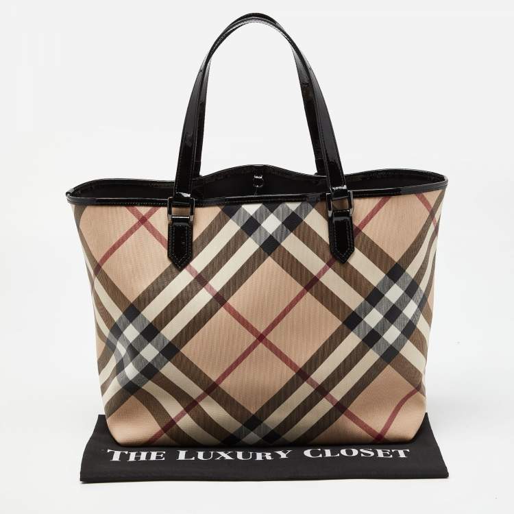 Pre Owned Burberry Black/Beige Super Nova Check PVC and Patent Leather Large Nickie Tote
