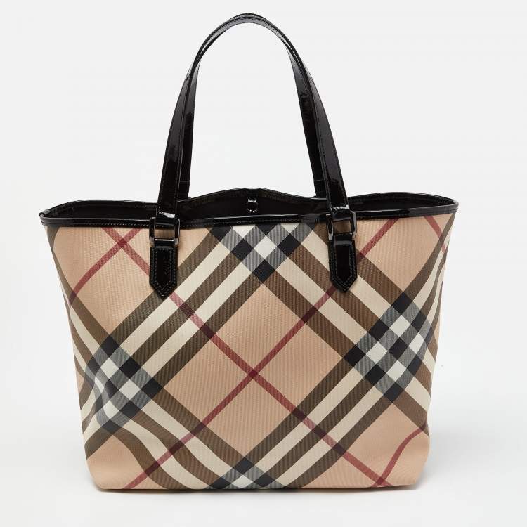 Pre Owned Burberry Black/Beige Super Nova Check PVC and Patent Leather Large Nickie Tote