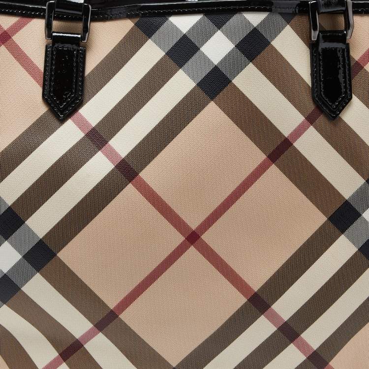 Pre Owned Burberry Black/Beige Super Nova Check PVC and Patent Leather Large Nickie Tote