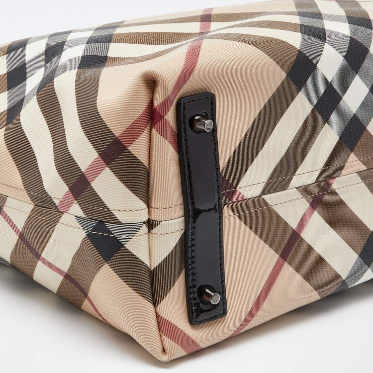 Pre Owned Burberry Black/Beige Super Nova Check PVC and Patent Leather Large Nickie Tote