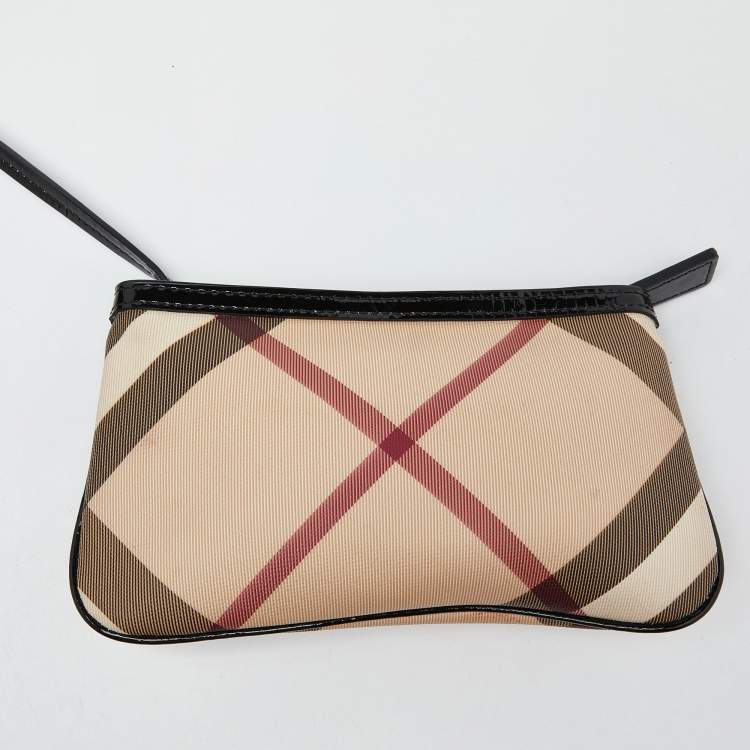 Pre Owned Burberry Black/Beige Super Nova Check PVC and Patent Leather Large Nickie Tote