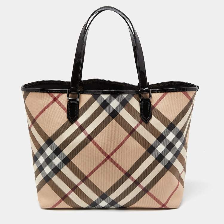 Pre Owned Burberry Black/Beige Super Nova Check PVC and Patent Leather Large Nickie Tote