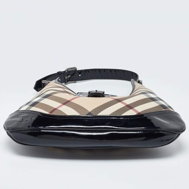 Pre Owned Burberry Beige/Black Nova Check PVC and Patent Leather Brooke Hobo