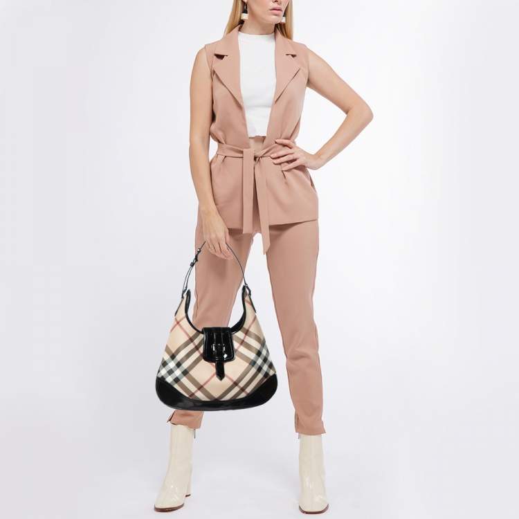Pre Owned Burberry Beige/Black Nova Check PVC and Patent Leather Brooke Hobo