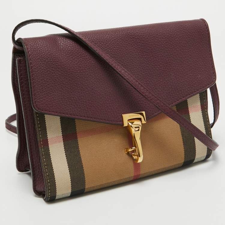 Pre Owned Burberry Burgundy House Check Canvas and Leather Macken Crossbody Bag