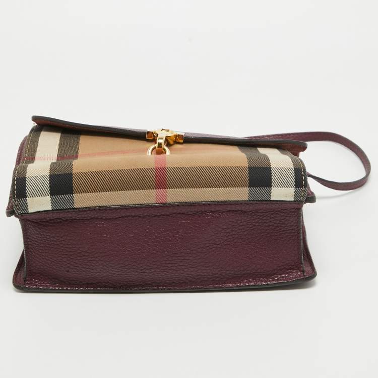 Pre Owned Burberry Burgundy House Check Canvas and Leather Macken Crossbody Bag