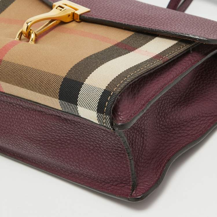 Pre Owned Burberry Burgundy House Check Canvas and Leather Macken Crossbody Bag