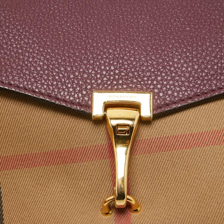 Pre Owned Burberry Burgundy House Check Canvas and Leather Macken Crossbody Bag
