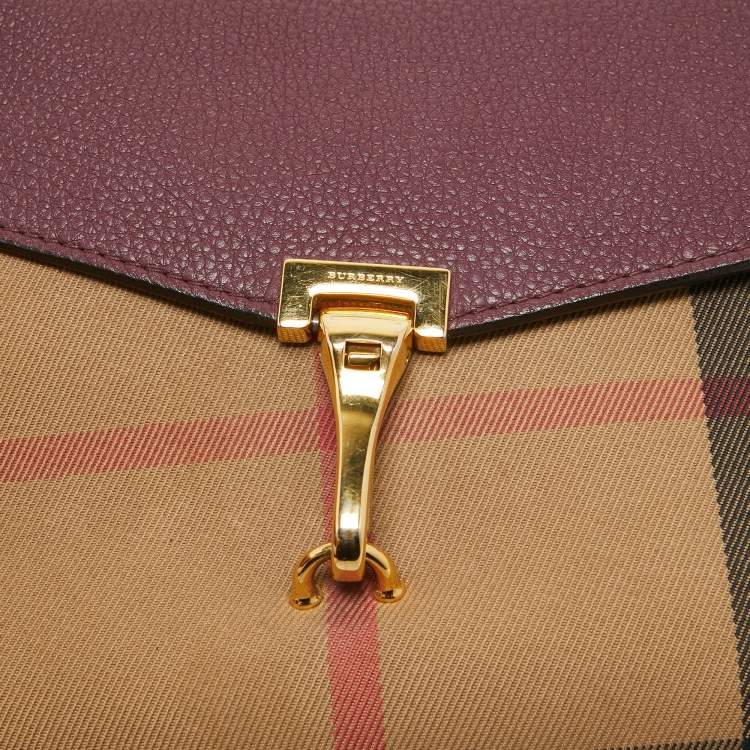 Pre Owned Burberry Burgundy House Check Canvas and Leather Macken Crossbody Bag
