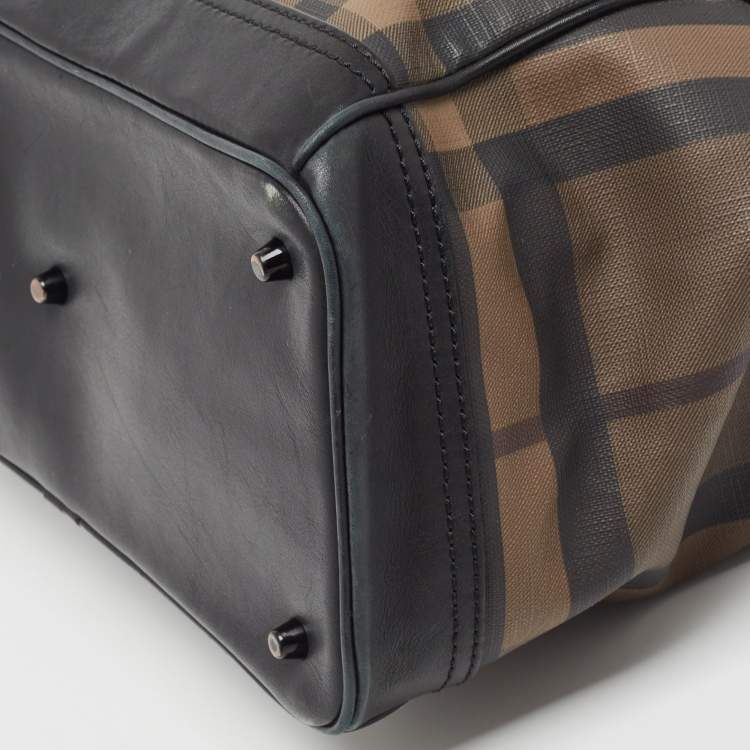 Pre Owned Burberry Brown/Black Smoke Check PVC and Leather Tote