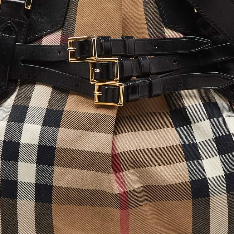 Pre Owned Burberry Black House Check Canvas and Leather Large Bridle Lynher Tote