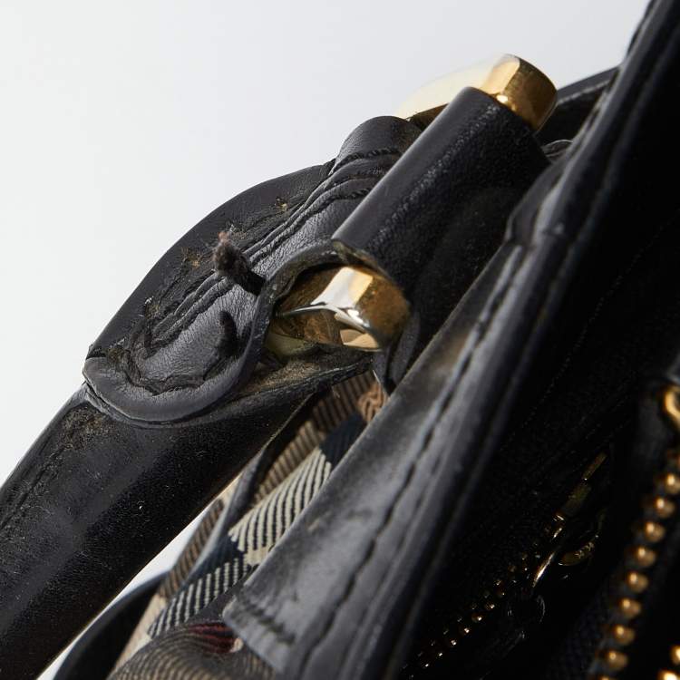 Pre Owned Burberry Black House Check Canvas and Leather Large Bridle Lynher Tote