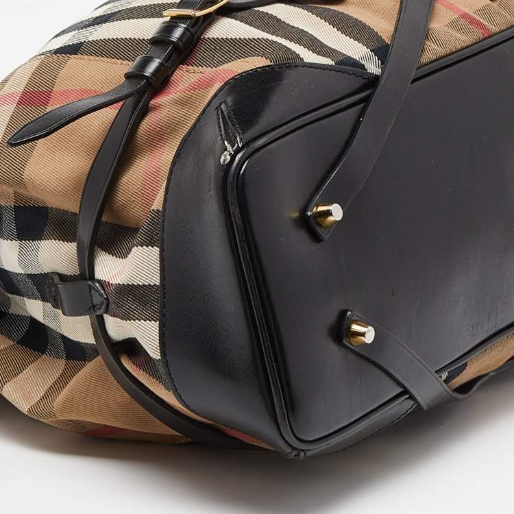 Pre Owned Burberry Black House Check Canvas and Leather Large Bridle Lynher Tote