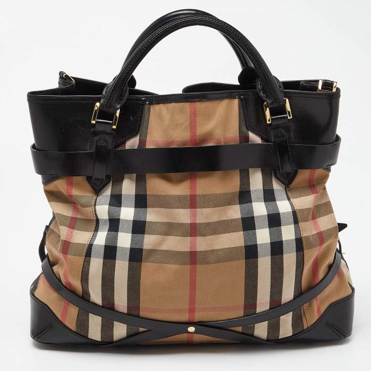 Pre Owned Burberry Black House Check Canvas and Leather Large Bridle Lynher Tote