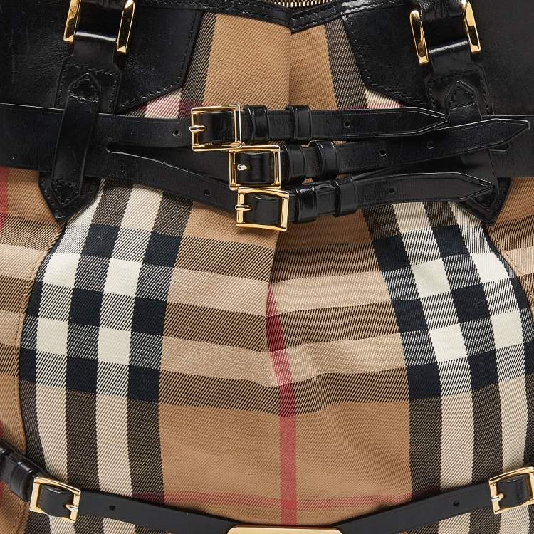 Pre Owned Burberry Black House Check Canvas and Leather Large Bridle Lynher Tote