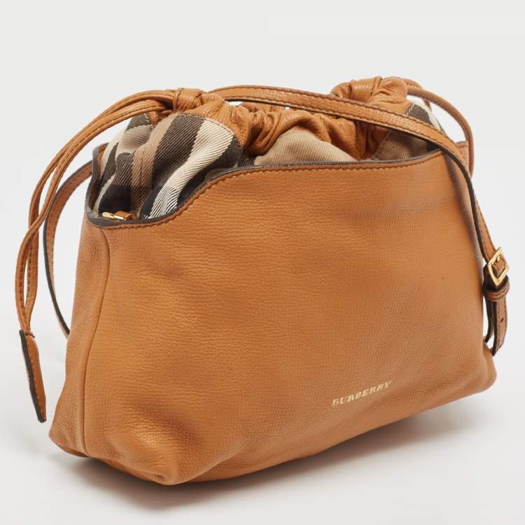 Pre Owned Burberry Tan Leather and House Check Fabric Little Crush Crossbody Bag