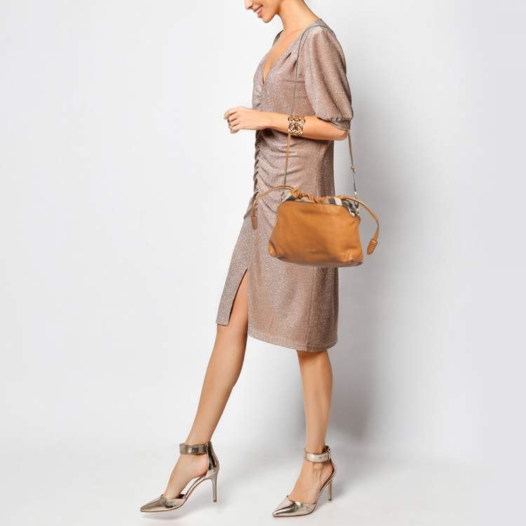 Pre Owned Burberry Tan Leather and House Check Fabric Little Crush Crossbody Bag