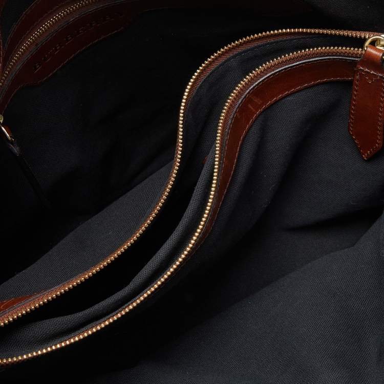 Pre Owned Burberry Brown House Check Fabric and Leather Medium Bridle Lynher Tote