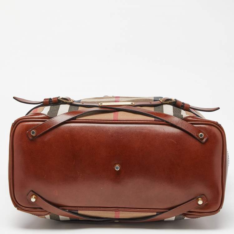 Pre Owned Burberry Brown House Check Fabric and Leather Medium Bridle Lynher Tote