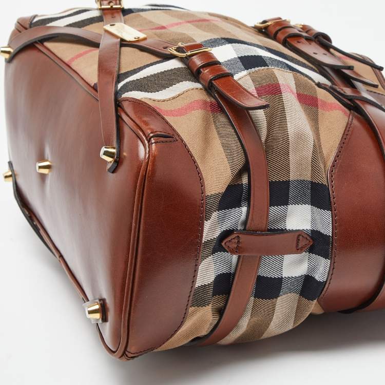 Pre Owned Burberry Brown House Check Fabric and Leather Medium Bridle Lynher Tote