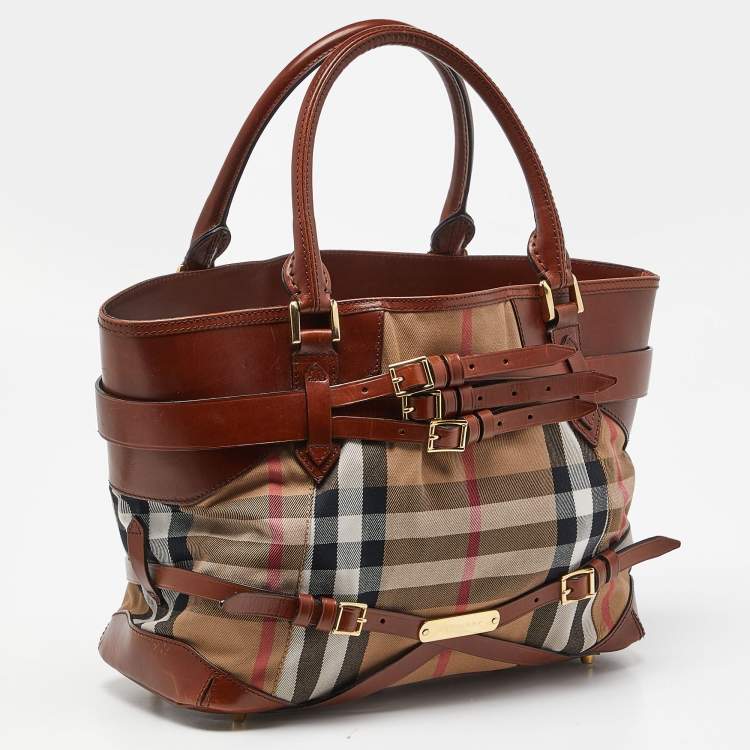 Pre Owned Burberry Brown House Check Fabric and Leather Medium Bridle Lynher Tote