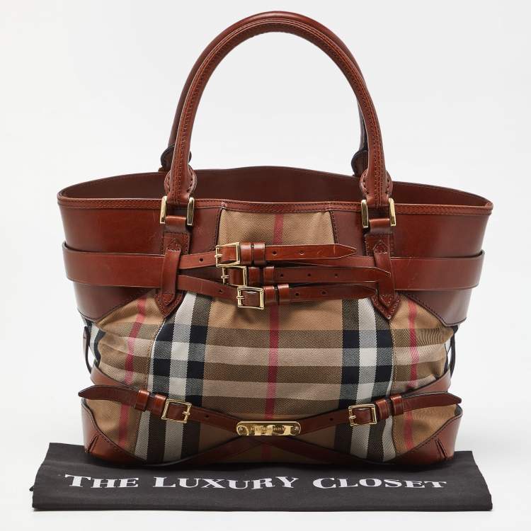 Pre Owned Burberry Brown House Check Fabric and Leather Medium Bridle Lynher Tote