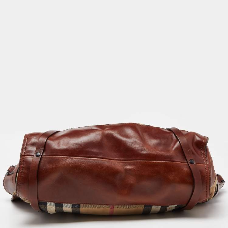 Pre Owned Burberry Brown/Beige House Check Canvas and Leather Belted Tote