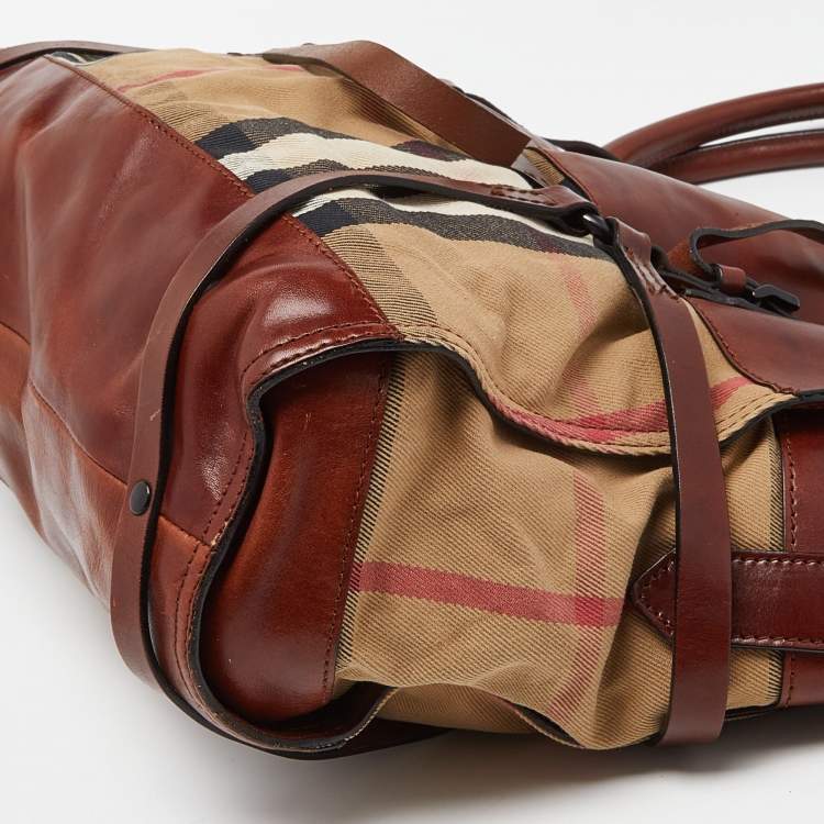 Pre Owned Burberry Brown/Beige House Check Canvas and Leather Belted Tote