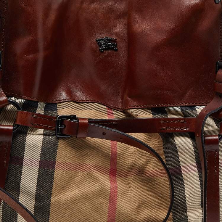 Pre Owned Burberry Brown/Beige House Check Canvas and Leather Belted Tote