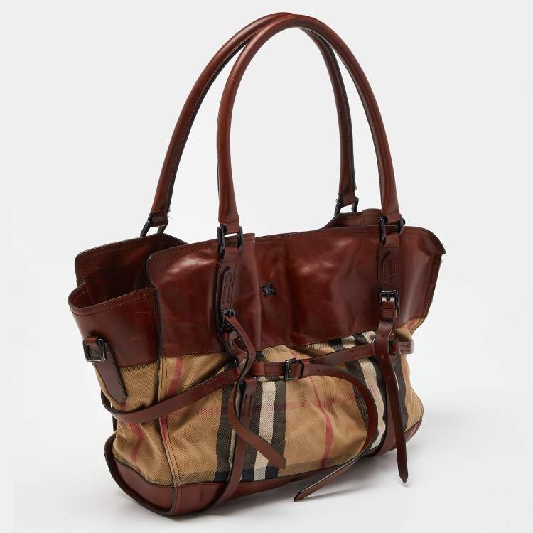Pre Owned Burberry Brown/Beige House Check Canvas and Leather Belted Tote