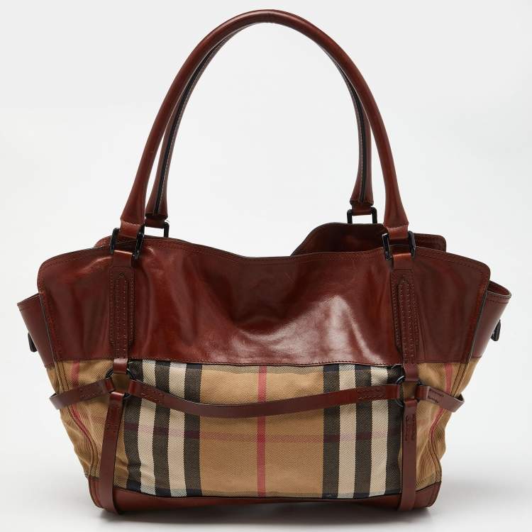 Pre Owned Burberry Brown/Beige House Check Canvas and Leather Belted Tote