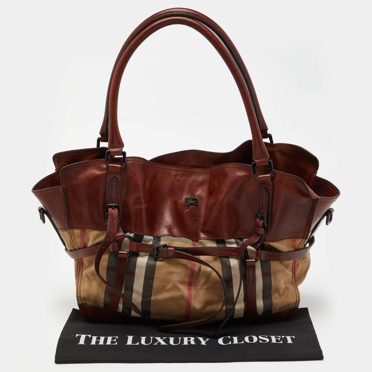 Pre Owned Burberry Brown/Beige House Check Canvas and Leather Belted Tote