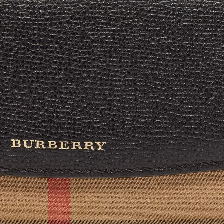 Pre Owned Burberry Black/Beige House Check Canvas and Leather Flap Continental Wallet