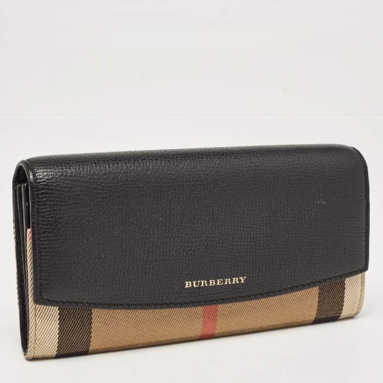 Pre Owned Burberry Black/Beige House Check Canvas and Leather Flap Continental Wallet