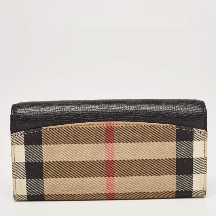 Pre Owned Burberry Black/Beige House Check Canvas and Leather Flap Continental Wallet