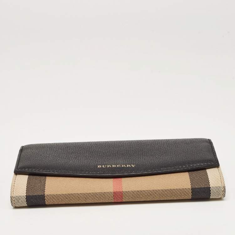 Pre Owned Burberry Black/Beige House Check Canvas and Leather Flap Continental Wallet