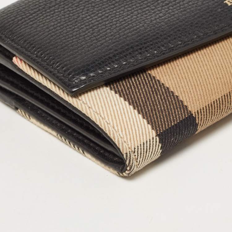 Pre Owned Burberry Black/Beige House Check Canvas and Leather Flap Continental Wallet