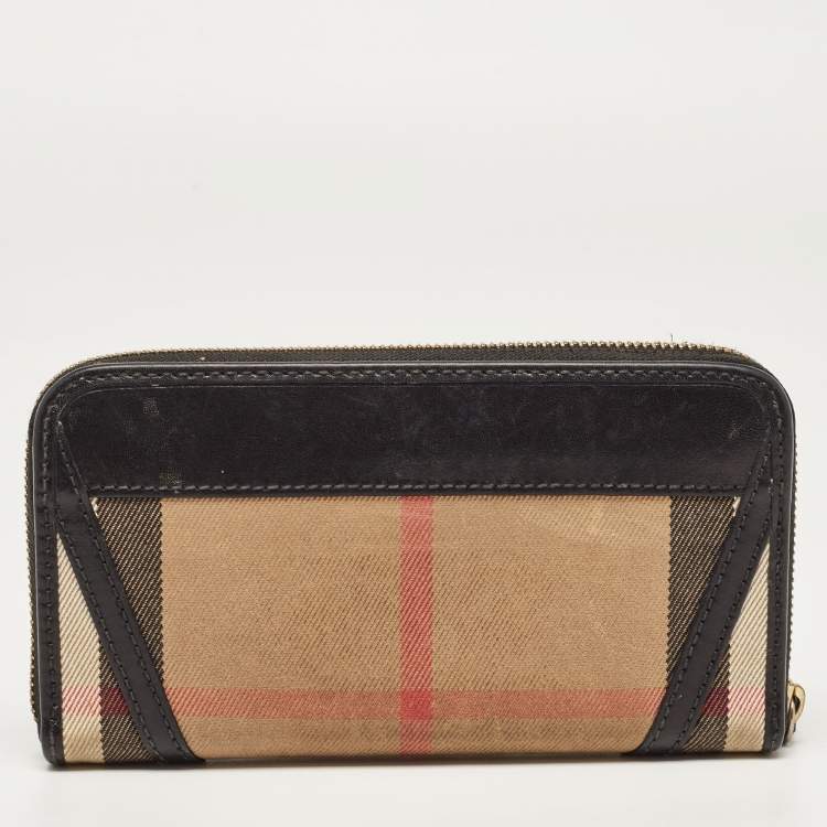 Pre Owned Burberry Black/Beige House Check Canvas and Leather Ziggy Zip Around Wallet