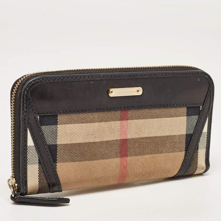 Pre Owned Burberry Black/Beige House Check Canvas and Leather Ziggy Zip Around Wallet