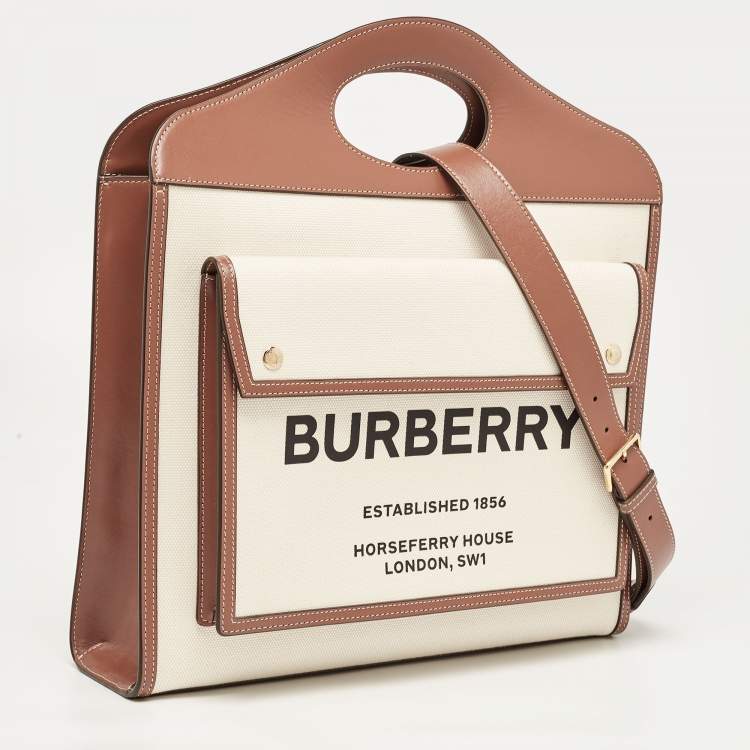 Pre Owned Burberry Brown/Beige Leather and Canvas Medium Pocket Bag