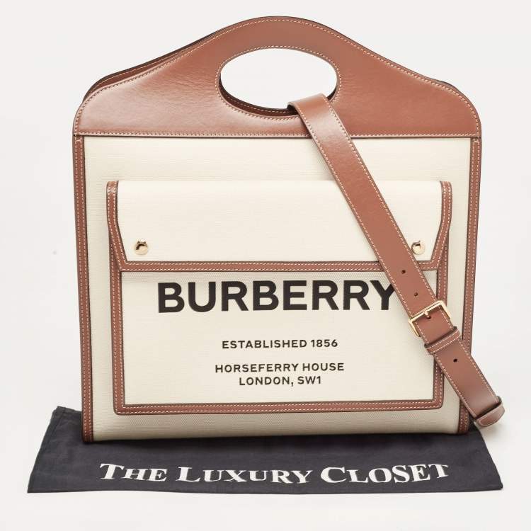 Pre Owned Burberry Brown/Beige Leather and Canvas Medium Pocket Bag
