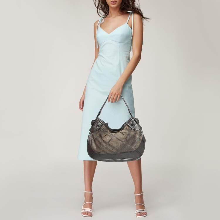 Pre Owned Burberry Grey Nova Check Lurex and Leather Fairby Hobo